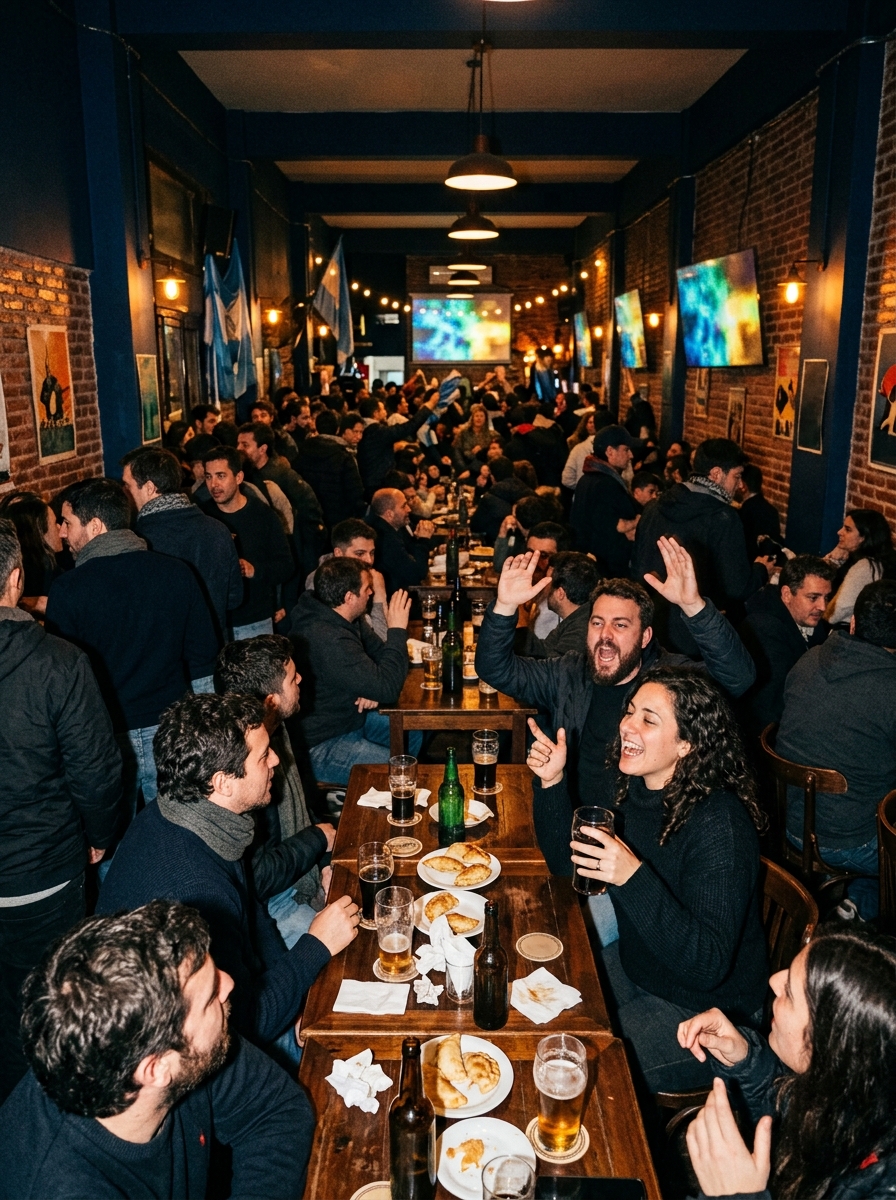 Adult guests watching a match together inside a Buenos Aires sports social venue
